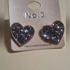 Grayish-Purpleish Bling Heart Pierced Earrings Wrapped In Gold Tone Trim NIP